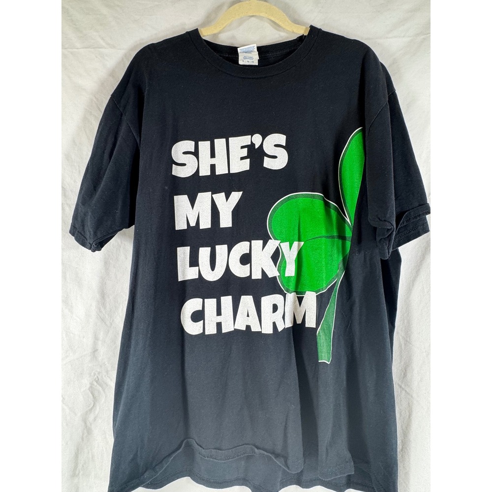 Port & Company Mens XL Black Shes My Lucky Charm Shamrock Graphic T-Shirt Cotton